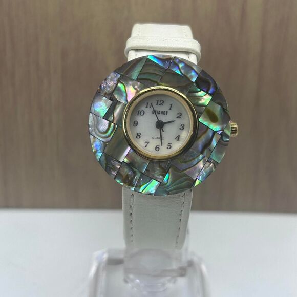 L. A. EXPRESS MOTHER OF PEARL LADIES LOGO WATCH  White Leather Strap - Picture 2 of 8